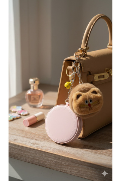 Şirin Plush Cat Figure Keychain with Mirror - Makeup Mirror and Bag Accessory