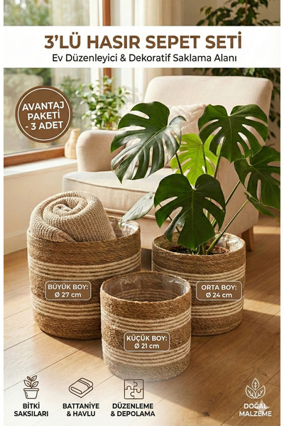 sever ithalat 3'lü Seti Beyaz Çizgili Hasır Sepet & Saksılık - Banyo, Salon v...