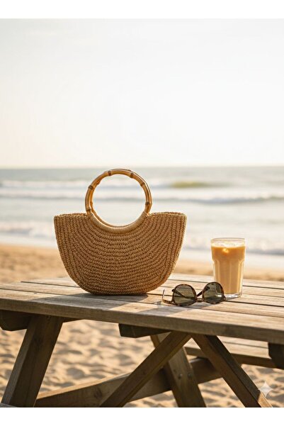 EL YAPIMI El örgüsü bambu saplı ay çanta hasır çanta