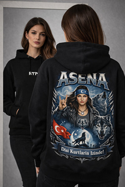 ocke Asena and Bozkurt Printed Black Women Hooded Sweat