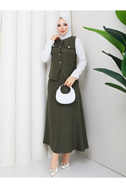 NURSİDA Women's Ecru Buttoned Hijab Two-Piece Set (Vest + Long Skirt)