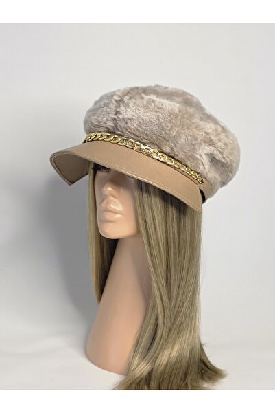 Senbeno Design KADIN AÇIK BEJ DOĞAL KÜRK GOLD ZİNCİR DETAYLI DERİ SİPERLİ KAP...