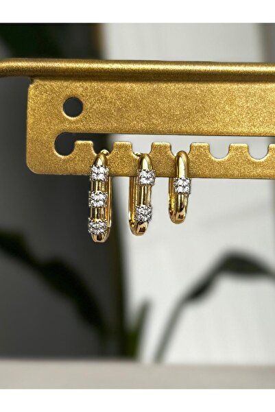 LENVİE TAŞ İŞLEMELİ HALKA GOLD 3'LÜ SET KÜPE
