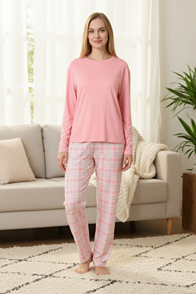 DOFİ Women's Pink Crew Neck Plaid Pajama Set