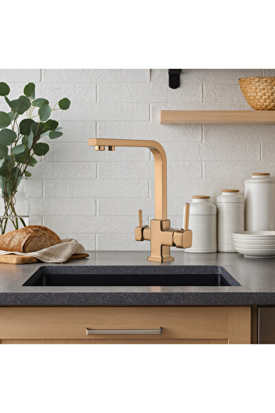 banyosepeti صنبور مطبخ مربع ذهبي مطفي من كيوبكس - ذو ذراعين،