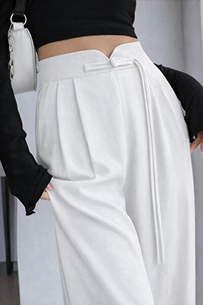 Hazel Women's White High Waist Palazzo Pants with Elastic Back and String Detail