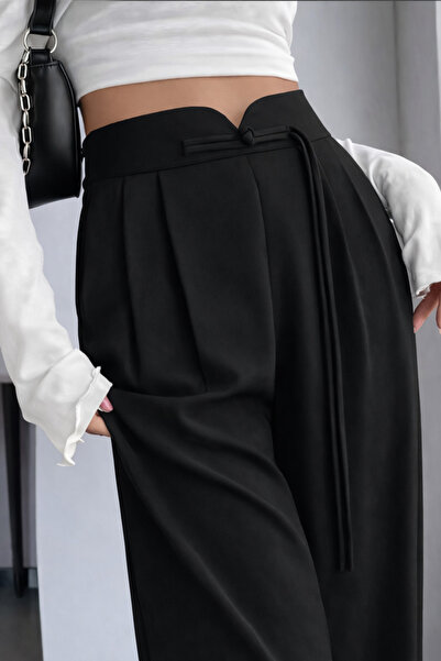 Hazel Women's black high-waisted palazzo pants with elastic back and drawstri...