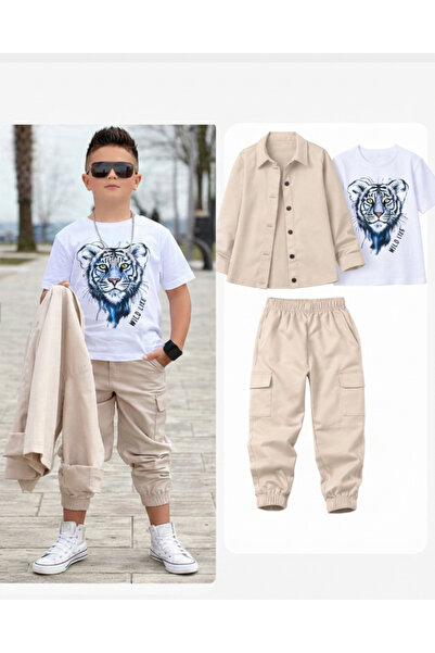 CALİSA طقم للأولاد مكون من 3 قطع باللون البيج تي شيرت تي شيرت وسترة وبنطلون م...