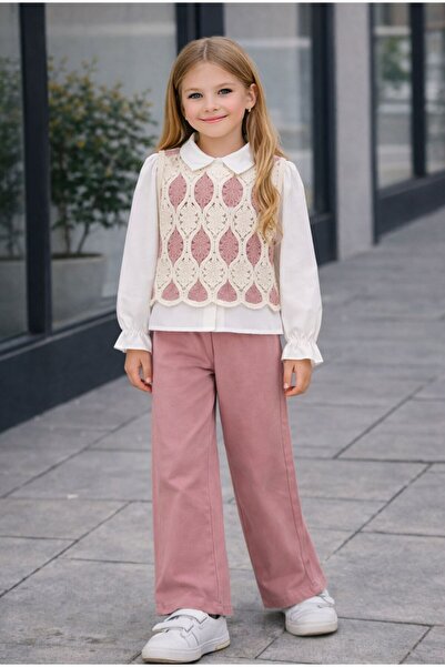 KOKOŞ BEBEK طقم بناتي منقوش بأوراق الشجر 3 ألوان - 6/10 سنوات - 31615