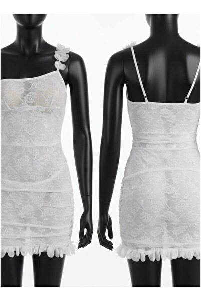 Generic Lace Nightwear - One-Shoulder Mini Dress with Ruffled Hem - White