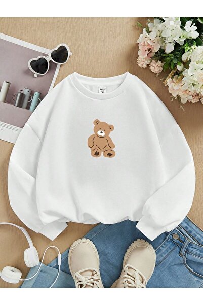 Kids Дитячий зимовий світшот унісекс з принтом ведмедика, білий