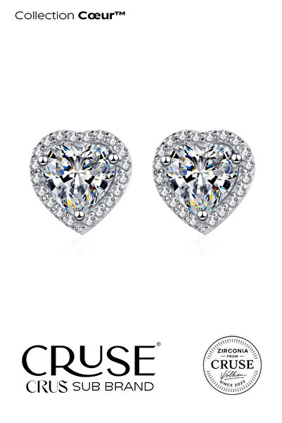 Cruse 925 Ayar Gümüş Cœur™ Halo Kalp Tektaş Küpe 18 Ayar Beyaz Altın Kaplama