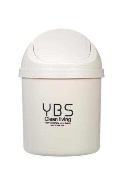 Ybs سلة مهملات بلاستيكية مكتبية بغطاء قلاب، لون بيج، 16.5 × 14 × 14 سم