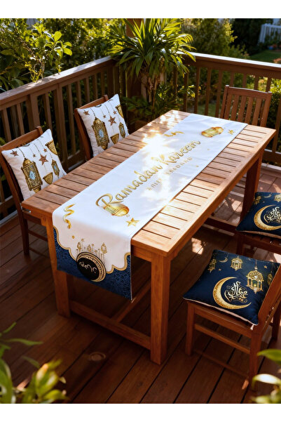 Yoawllty طقم مفارش طاولة رمضاني من 5 قطع (يشمل مفرش طاولة واحد + 4 أغطية وسائ...