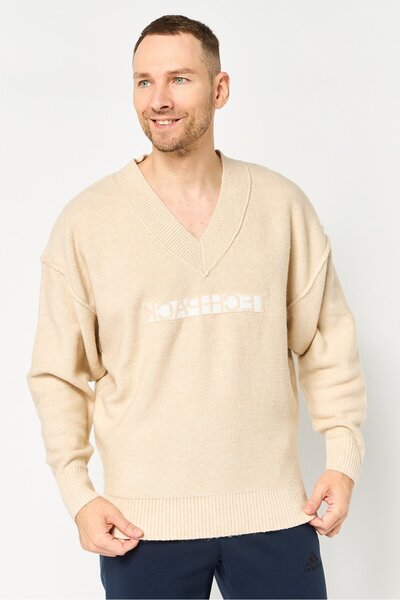Nike Men Sportswear Fit V Neck Embroidered Logo Sweater, Beige
