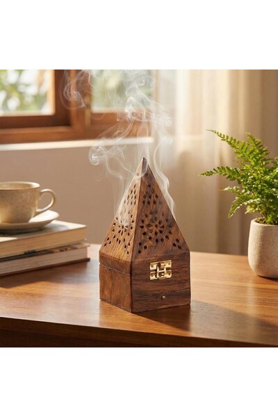 Hope Wooden Bakhoor Burner, Handmade Pyramid Incense Holder - 9x9x20cm Bhakho...