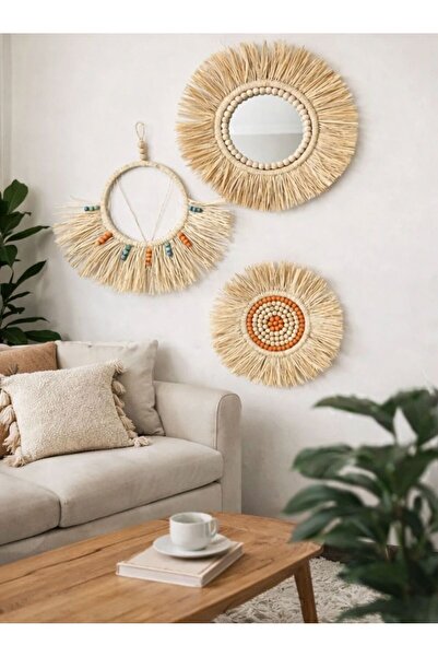 ilmeko Rafya Ayna Bohem Doğal Ayna Duvar süsü Hasır Ayna Ofis Aynası Balkon D...