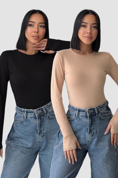 Lunamiratto Women's 2-Piece Basic Black Beige Bodysuit with Finger Loops and ...