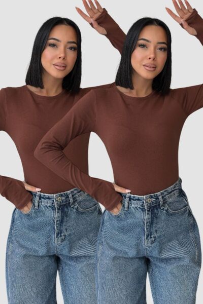 Lunamiratto Women's 2-Piece Basic Bodysuit Bitter Brown Finger-Looped Cotton ...