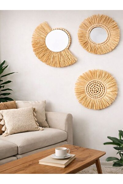 ilmeko Dekoratif Üçlü Bohem Doğal Ayna Seti Rafya Ayna Hasır Pano Duvar Süsü ...