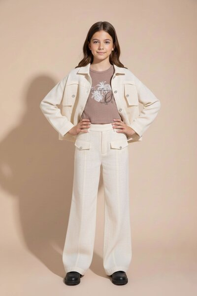 Cansın Mini Girl's 3-Piece Set with Cream Button Detailed Linen Shirt and Tro...