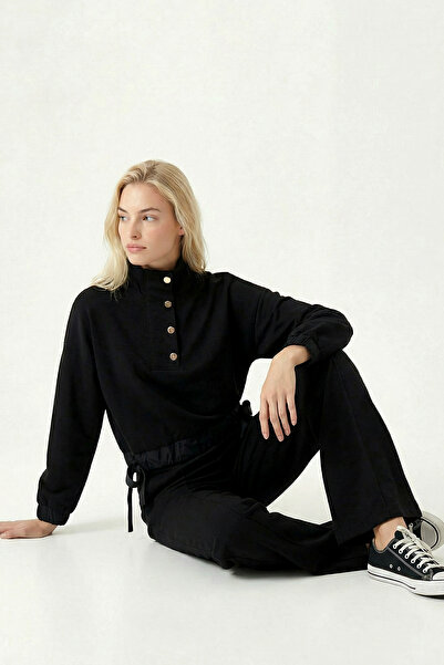 Lovelyİstanbul Dik Yaka Paraşüt Garnili Modal Takım LBY0039 SİYAH