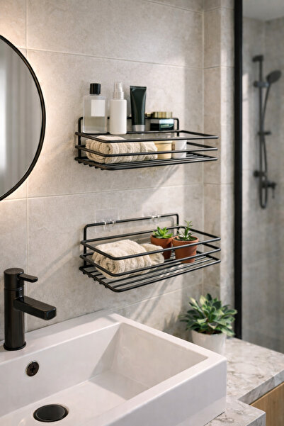 Monica Concept Yapışkanlı İkili Duşakabin Banyo Rafı, Ömür Boyu Paslanmaz Met...