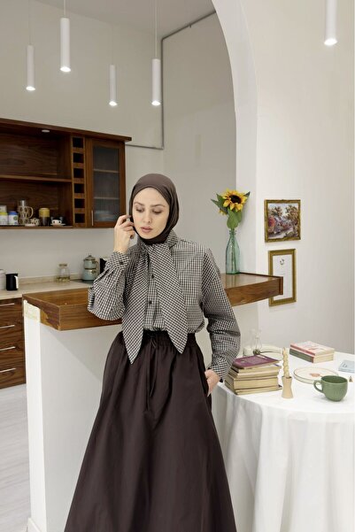 Faya Boutique Acı Kahve Pötikare Desenli Poplin Gömlek