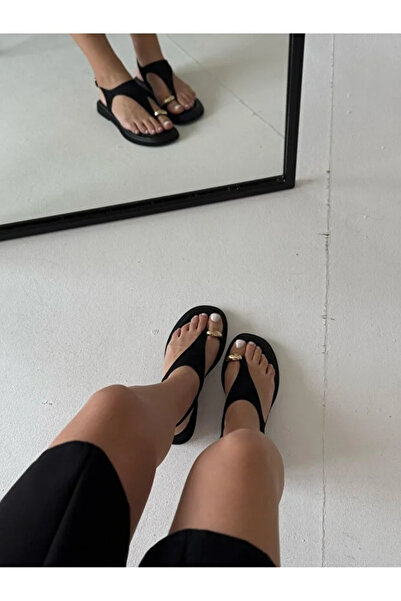 timur örme Kadın Siyah Nubuk Gold Detay Parmak Arası Sandalet