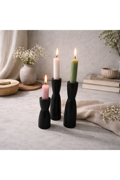 cangül ahşap Ahşap şamdan mumluk 3 lü set mat siyah(15*15*10)