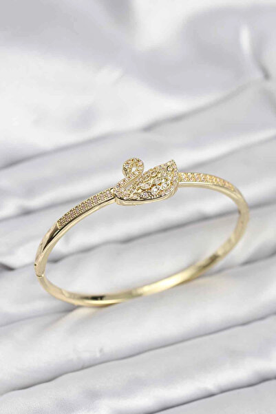 Epilons Bfs Brass Gold Color Zircon Stone Swan Model Women's Handcuff Bracelet
