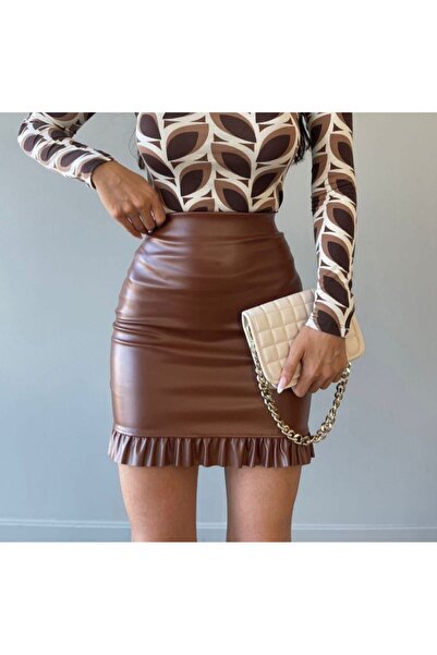 Gülümse boutique Deri Mini Etek Fırfır Detaylı Yüksek Bel
