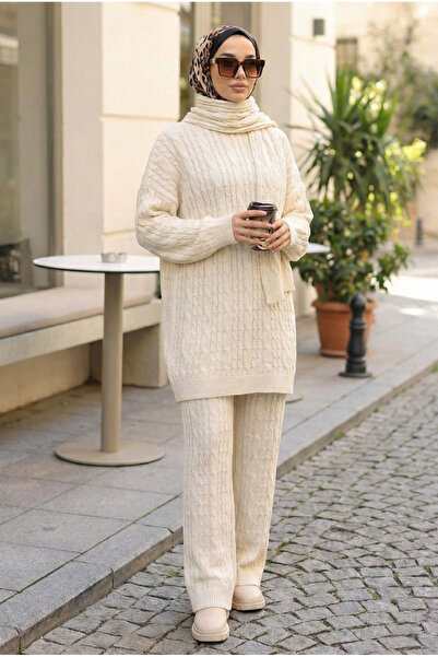 azragül giyim Atkılı Tunik Pantolon Tesettür Triko Üçlü Takım