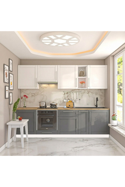 DEKOREX Pia Beyaz Antrasit 270 Cm Asp. Ve Fırın Modüllü Meşe Tezgahlı Hazır M...