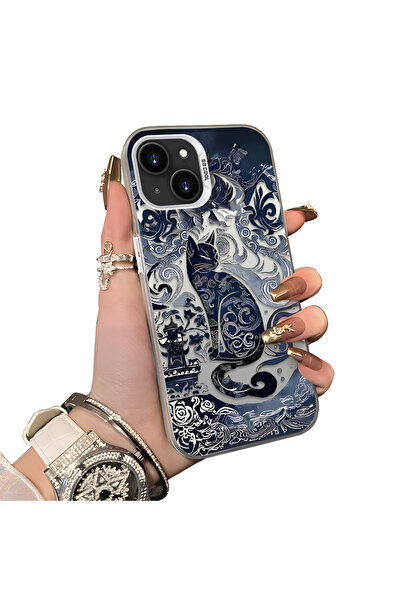 ucuc iPhone 13/14 Uyumlu Silikon Kenar Sert Arka Anti Düşme Kılıfı Klasik Desen