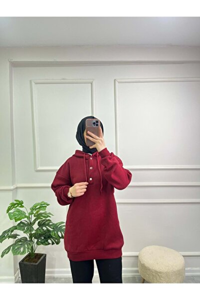 844 YAKASI ÇITÇITLI KAPŞONLU ŞARDONLU SWEAT BORDO