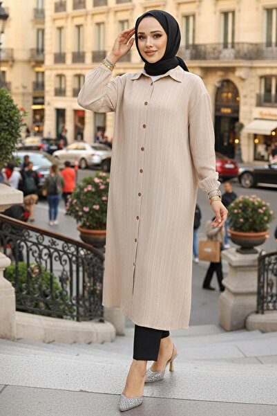 N.S NEVA STYLE Buttoned Beige Hijab Tunic 45071Bej