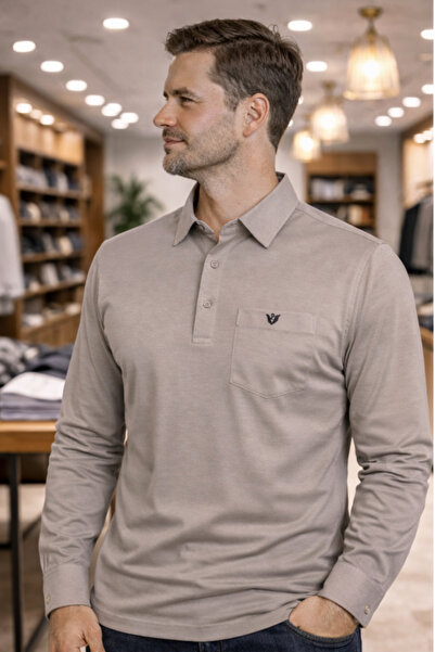 YAKAMEL Erkek Uzun Kollu Düğmeli Gömlek Yaka Cepli Günlük Tişört