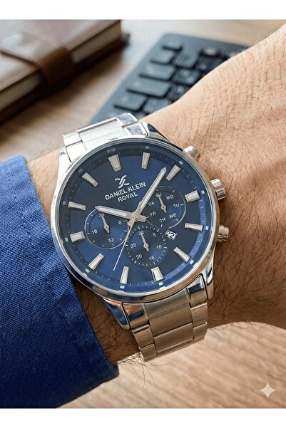 Daniel Klein Men's Navy Blue Royal Decor Dial Silver Metal Band Stylish and M...