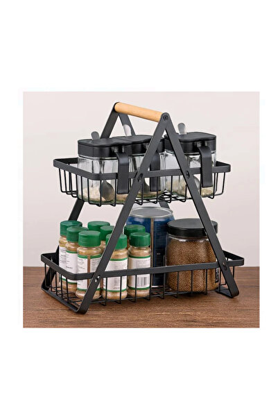 Lumi LUXURY 2-Tier Black Metal Shelf & Wooden Handle 22x14x26cm