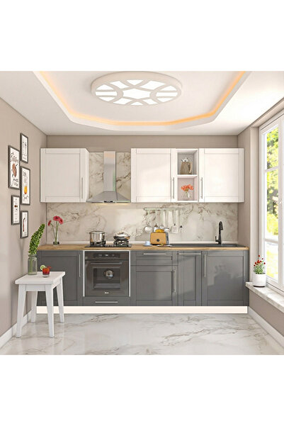 DEKOREX Pia Beyaz Antrasit 270 Cm Fırın Modüllü Meşe Tezgahlı Hazır Mutfak PB...