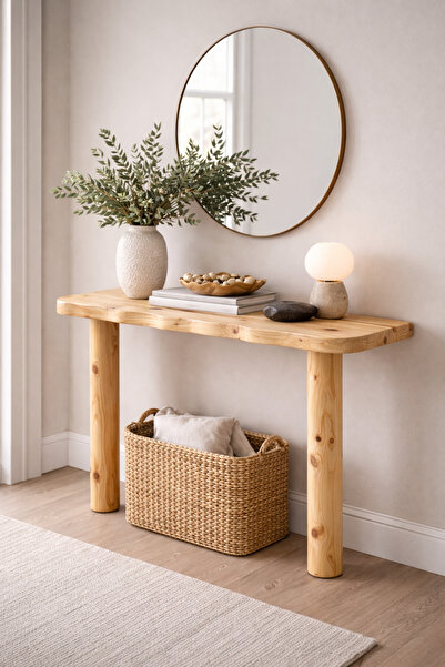 Trihome Doğal Masif Çam Dresuar 130 cm – El Yapımı, Hareli Budaklı Ahşap Konsol