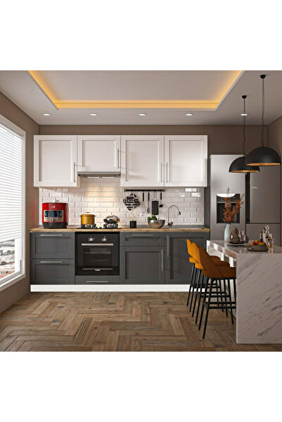 DEKOREX Pia Beyaz Antrasit 240 Cm Asp Fırın Ve Çkmc. Modüllü Meşe Tezg. Hazır...