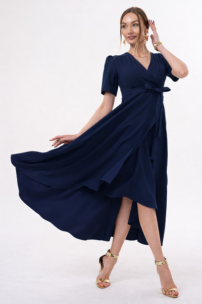 RURIS Lacivert Kruvaze Yaka Asimetrik Sarmal Etek Kısa Kollu Kuşaklı Midi Boy...