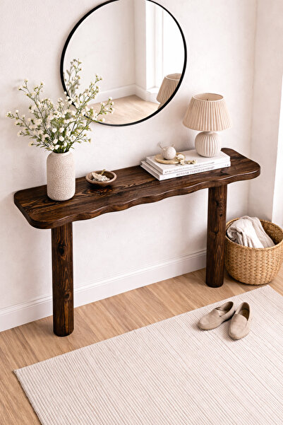 Trihome Doğal Masif Çam Dresuar 130 cm – El Yapımı, Hareli Budaklı Ahşap Konsol