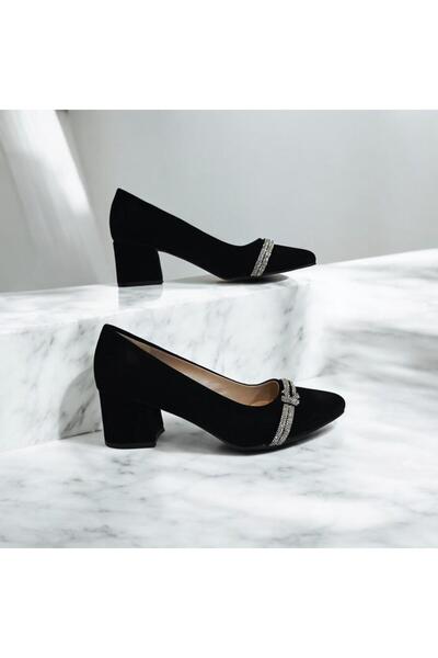 Fiyra 7034 Black Suede Stone 5 cm Thick Square Heeled Shoes