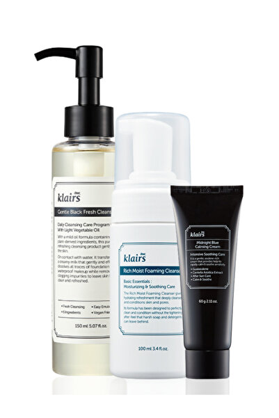 Klairs زيت التنظيف اللطيف الأسود المنعش + غسول رغوي غني بالترطيب + كريم مهدئ ...