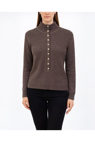 Aybikestil Triko Önden Çıt Çıtlı Fitilli Kazak Kahve