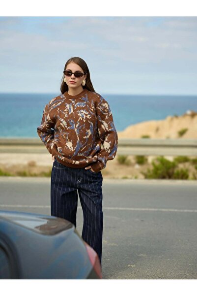 Lavanta Tekstil Brown Patterned Crew Neck Knitwear Sweater