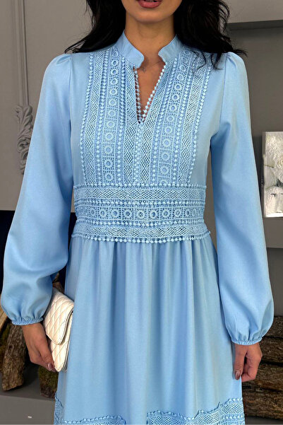 Neşeli Butik Women Baby Blue Atlas Fabric Lace Detailed Dress Nbms2517